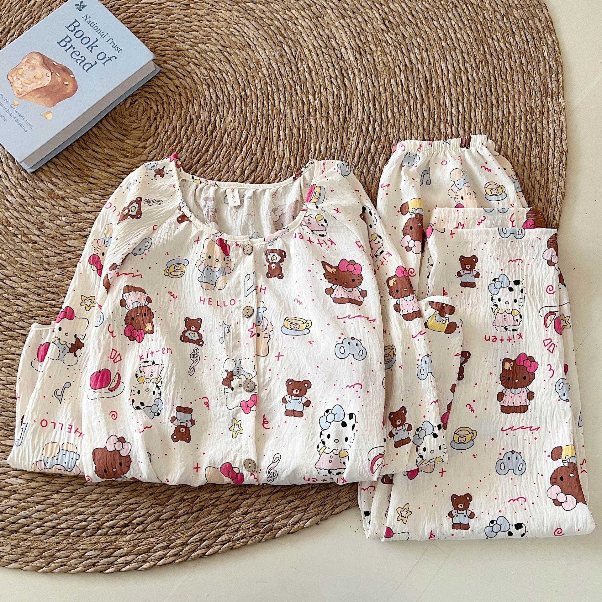 Transfronterizo Vietnam al por mayor nubes de algodón KT osos pijamas mujeres primavera y otoño camisetas de cuello redondo de manga larga de dibujos animados ropa doméstica de alta calidad