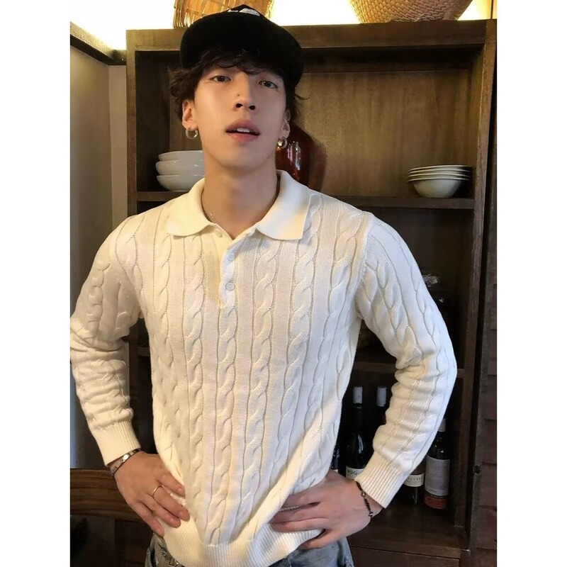 Autumn and Winter Cable Polo Collar Long-Sleeve Cotton T-Shirt for Men, Boxy Short Wide Old Money New Elite Fitted Regular Shoulder Knit Sweater