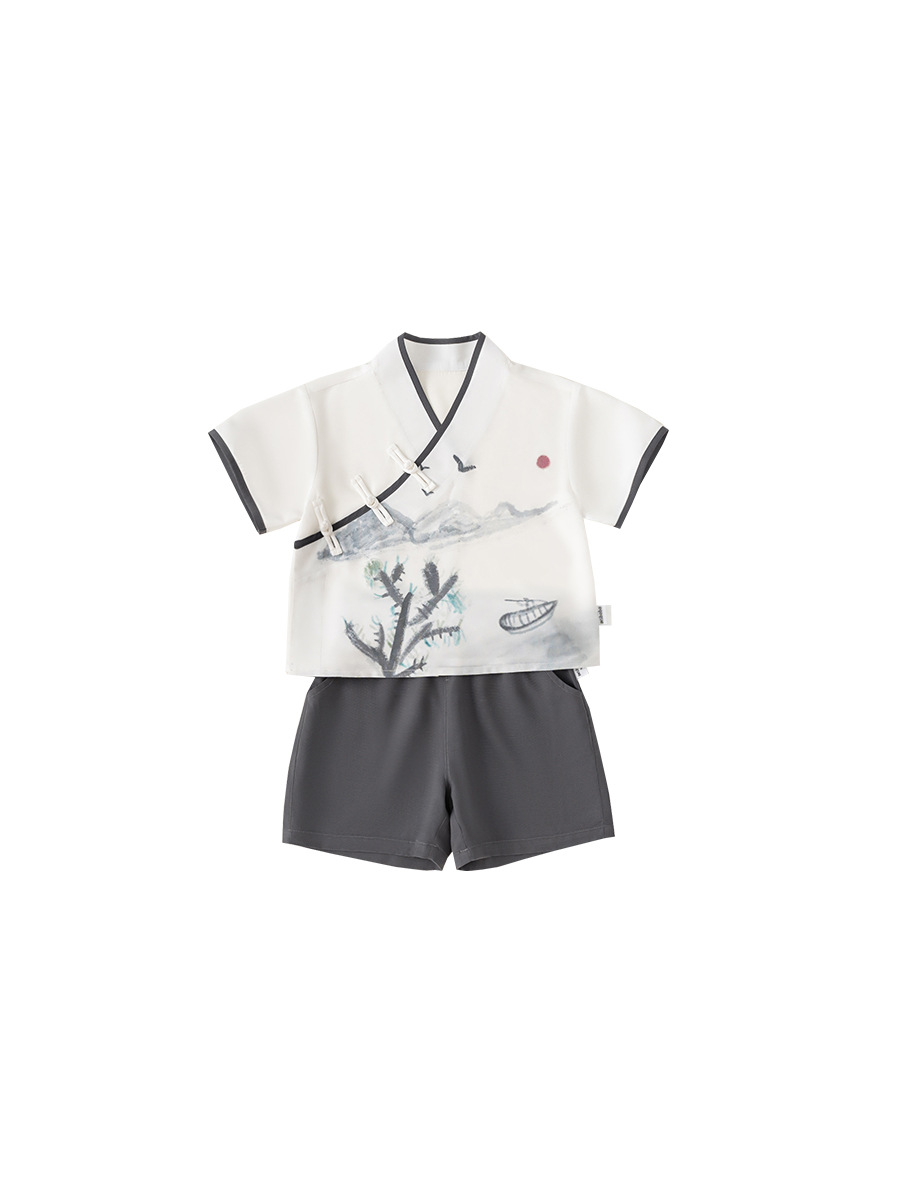 Bangchoan ropa infantil para niños, traje de verano, chaqueta de estilo nacional, pantalones cortos de mangas cortas, ropa infantil de dos piezas
