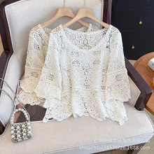 夏新款甜美清新镂空绣花蕾丝针织衫海边度假外搭罩衫上衣