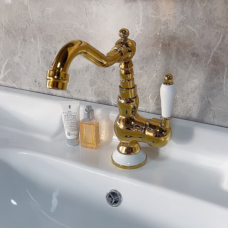 French-style copper single-handle bathroom sink faucet with ceramic cold and hot water handles