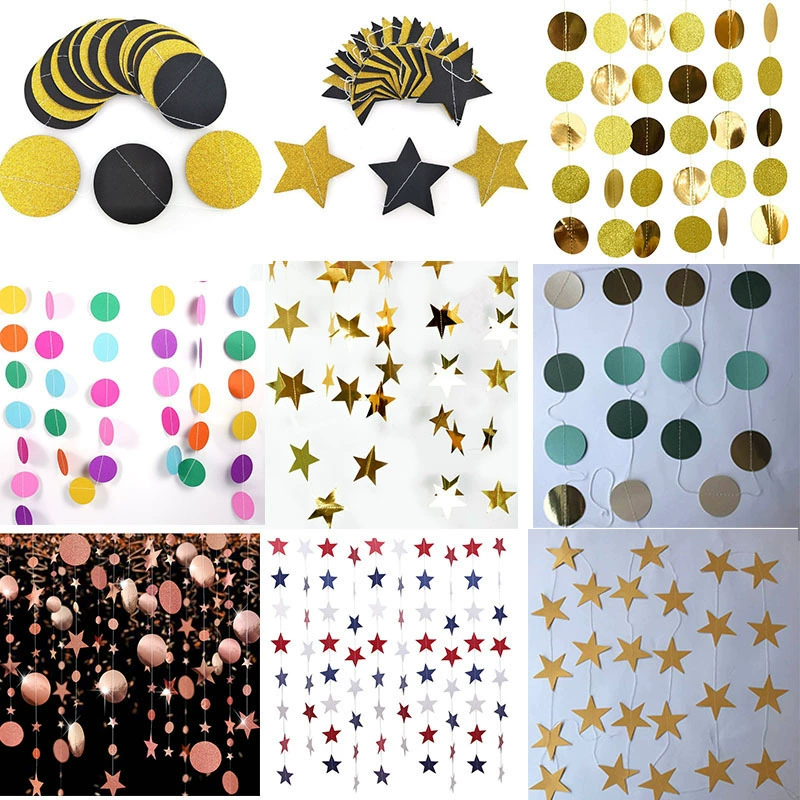 День рождения, золотой и черный диск, бумажные звезды, красочные латте, художественное золото и серебро, зеркало, круглая пятиконечная звезда, бумажная нить, декоративный реквизит