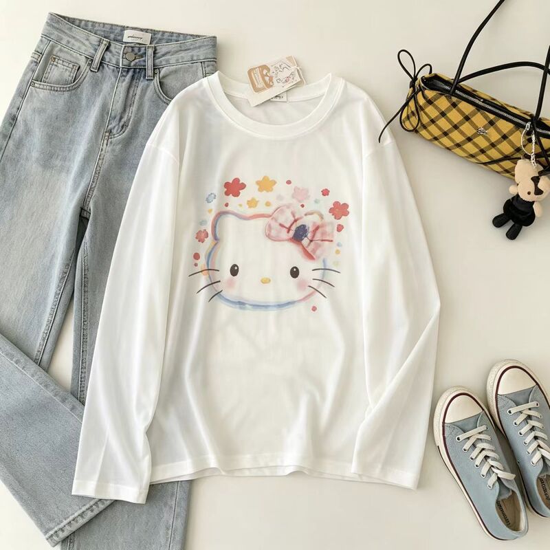 Korean-style gentle watercolor Hello Kitty semi-transparent long-sleeve T-shirt for women, loose and lightweight, sun-protective, suitable for air-conditioned environments
