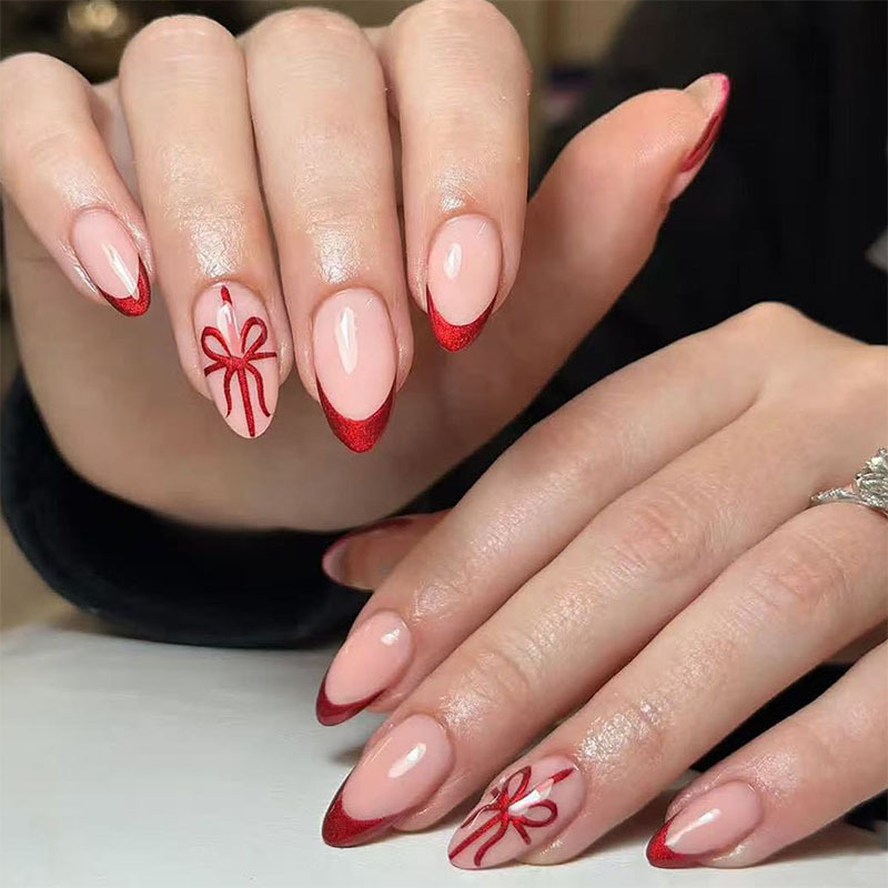 Christmas manicure medium almond-shaped red French nails with bow ribbons, simple 24-piece press-on nails