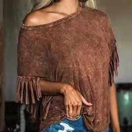 2021欧美独立站短袖印花流苏花边套头复古棕色宽松型女式上衣T恤