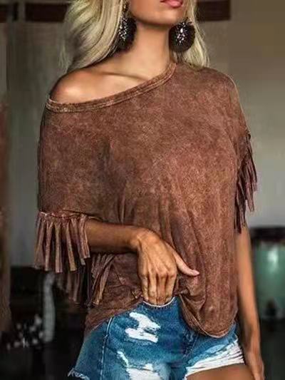 2021 European and American Independent Station Short Sleeve Printed Tassel Lace Pullover Retro Brown Loose Women's Top T-shirt