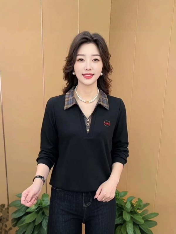秋季新款妈妈长袖T恤洋气格子假两件翻领气质打底小衫女百搭上衣|undefined