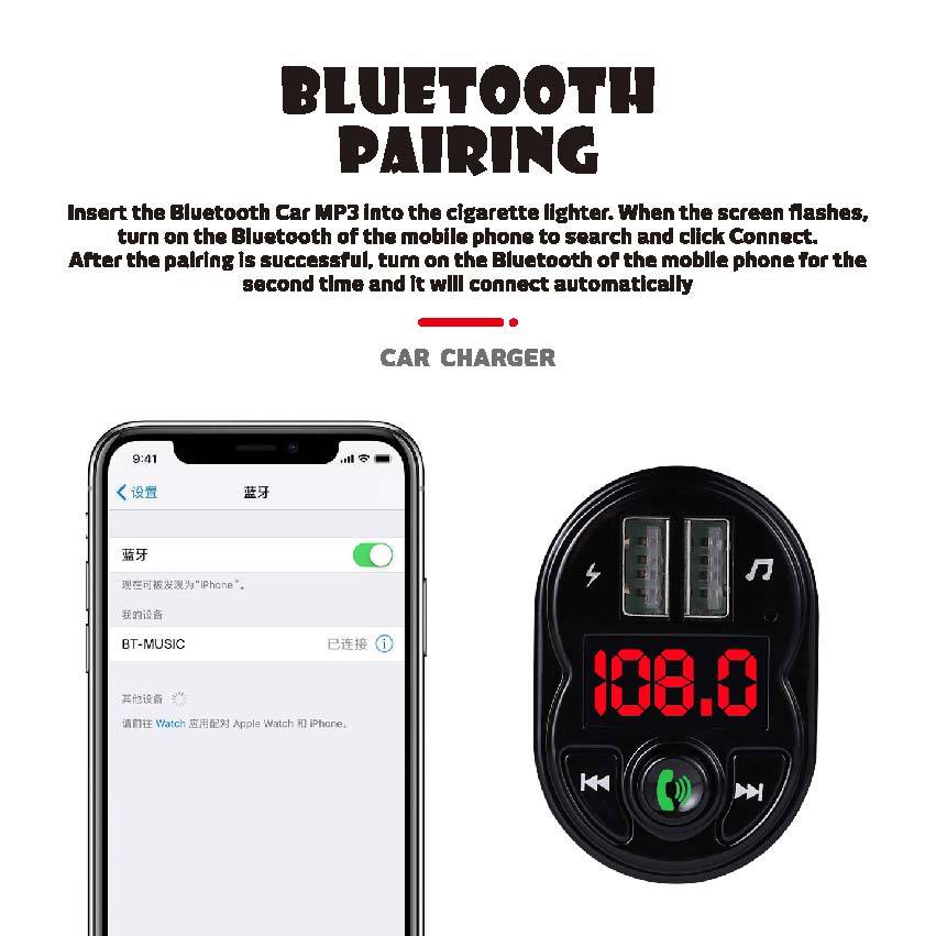 Southeast Asia Cross-Border Independent Station Manufacturer Supply Wireless Car Bluetooth Adapter Hands-Free Call U Disk/Tf Card Broadcast