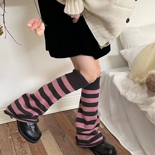 秋冬jk针织小腿灰粉条纹喇叭袜套y2k千禧辣妹堆堆袜毛线保暖腿套