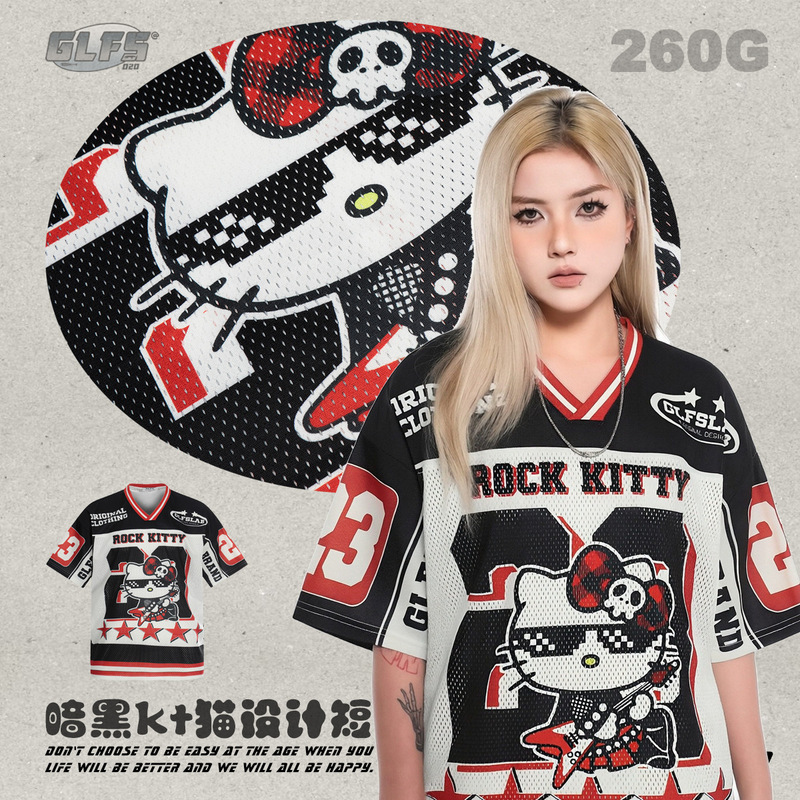 Glfs- Rock and Roll Dark Kt Cat Subculture Campus Style Clothing, Ice Hockey Uniforms, Unisex Couple Outfits, Short-Sleeved Wholesale Glfs- Rock and Roll Dark Kt Cat Subculture Campus Style Clothing, Ice Hockey Uniforms, Unisex Couple Outfits, Short-Sleeved Wholesale