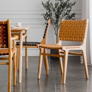 3ZBY saddle leather dining chair home backrest leisure chair woven solid wood chair retro light luxury rope woven dining table