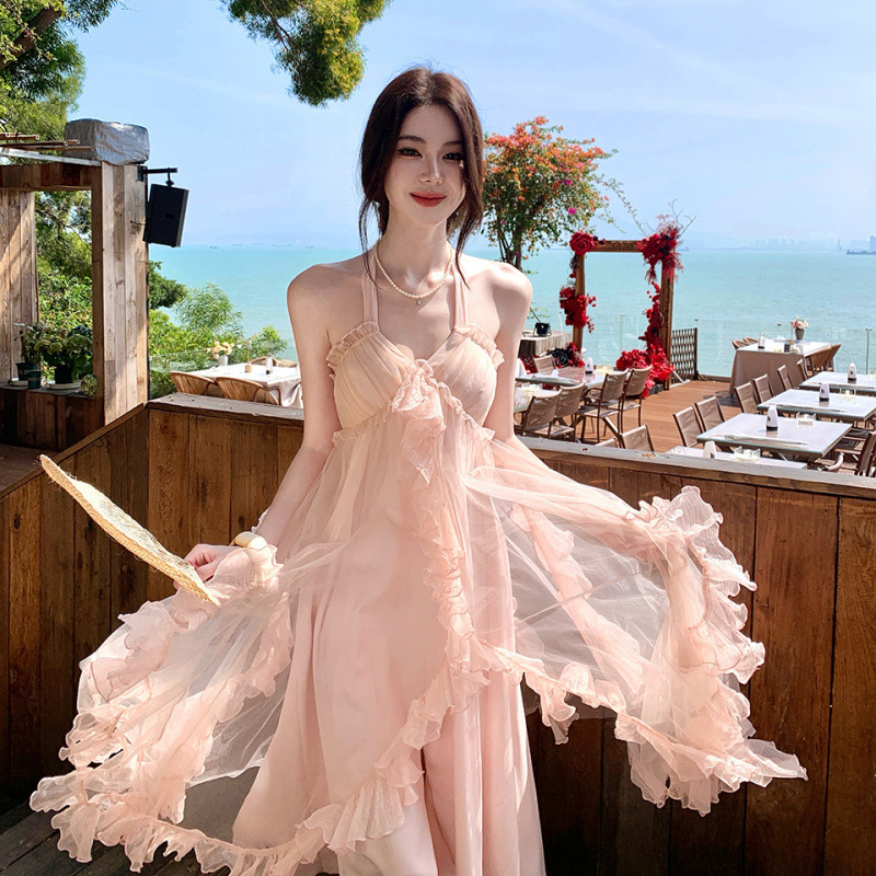 New Resort-Style Soft Pink Tulle Dress, Ethereal and Flowing Mesh Robe-Style Long Dress