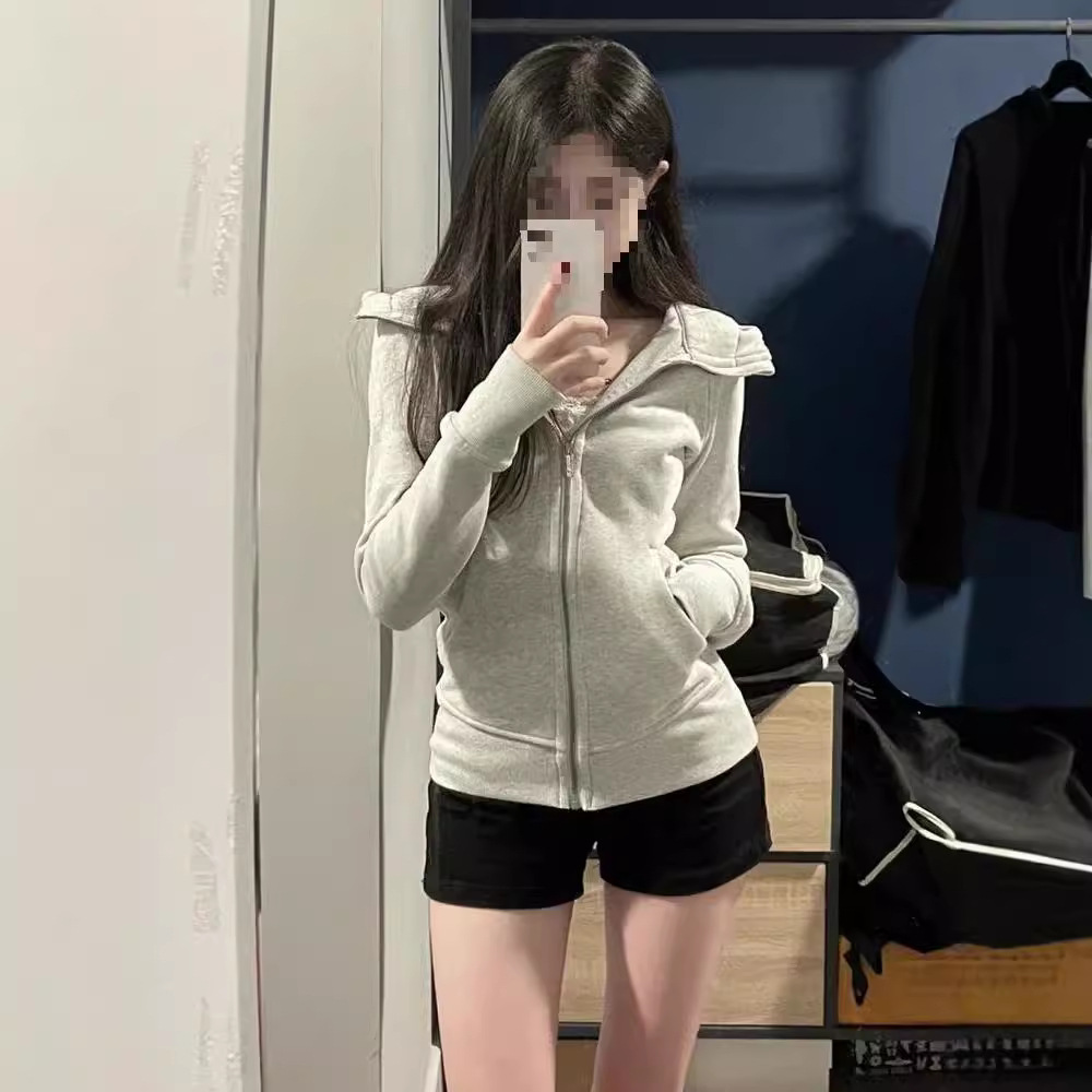 후드 카디건 스포츠 그레이 스웨터 코트 여성의 봄 가을과 겨울 2023 새로운 스타일 작은 스파이스 소녀 어깨 스웨터 여성용