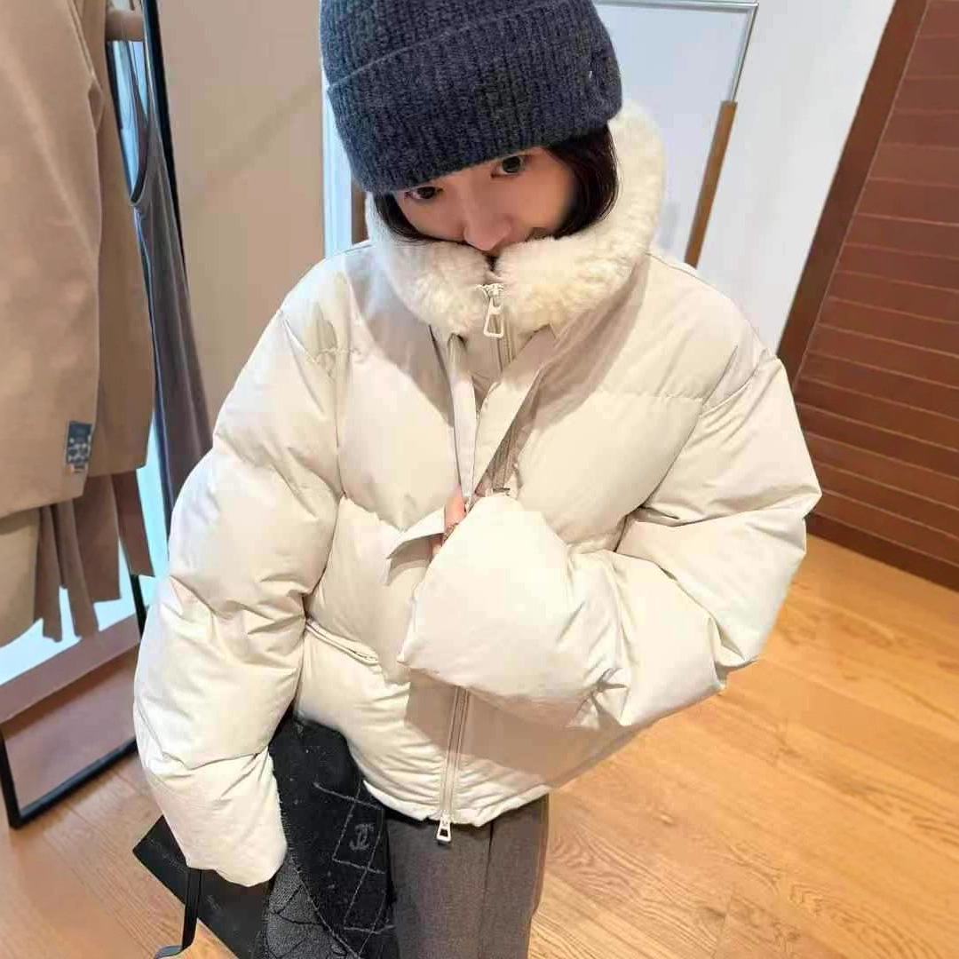 2025 겨울 새 양털 칼라 짧은 다운 재킷 여성 루즈 캐주얼 두꺼운 흰색 오리 다운 재킷