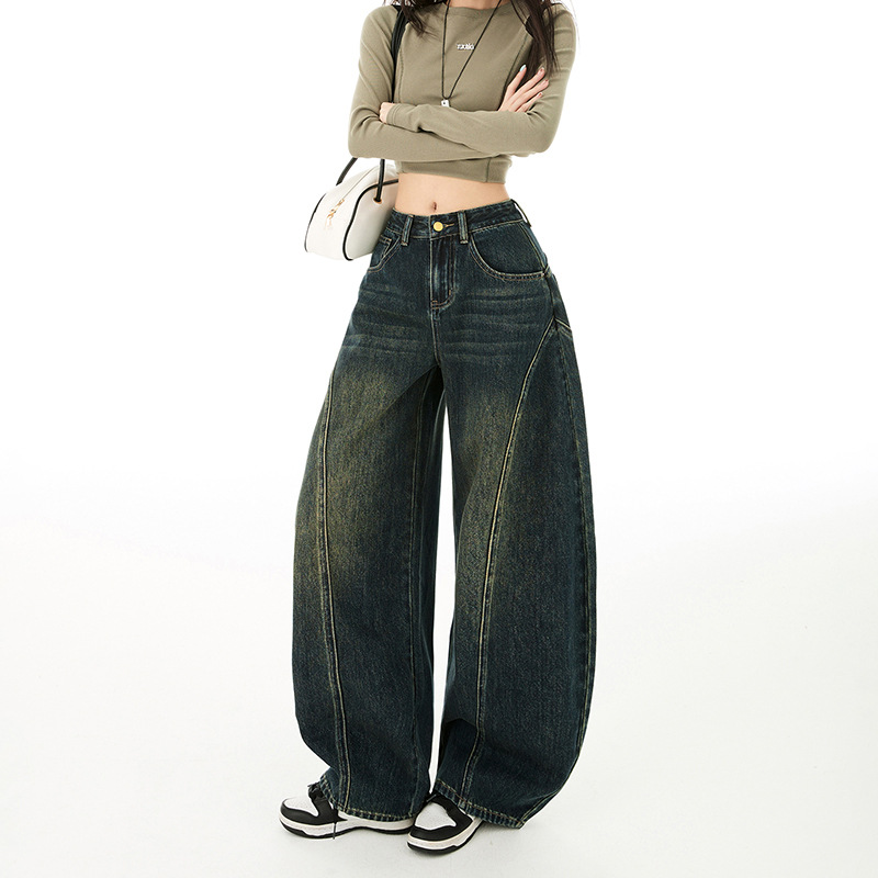 Autumn Bending Knife Pants Retro Color Casual Denim Splicing Shape Loose Wide Leg Relaxed Comfort Denim