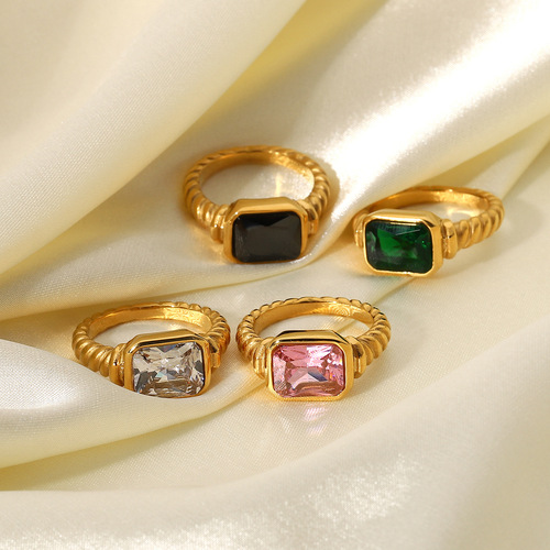 European and American Stainless Steel Rectangular Emerald Pink Zircon Ring Women's Croissant Twisted Spiral Ring Jewelry