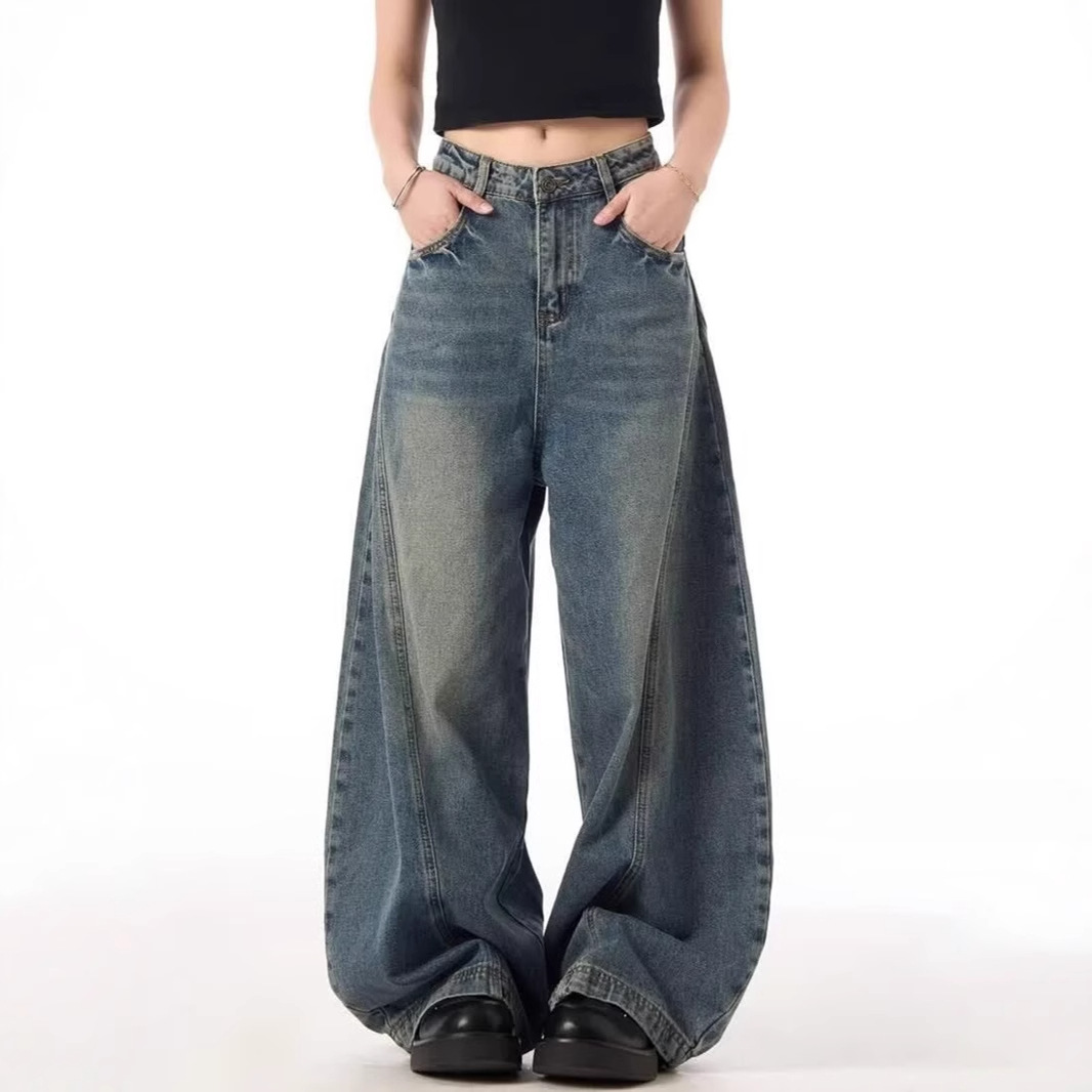 大码女美式复古水洗阔腿弯刀牛仔裤男女潮牌宽松设计感裤批发代发
