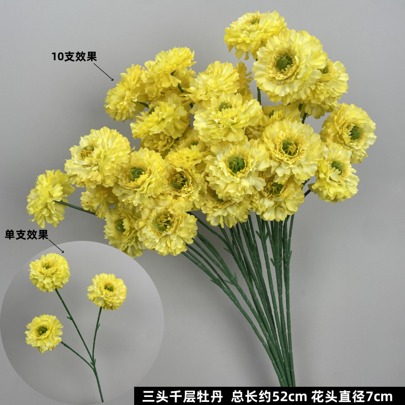 노란색 세 머리 천겹 모란