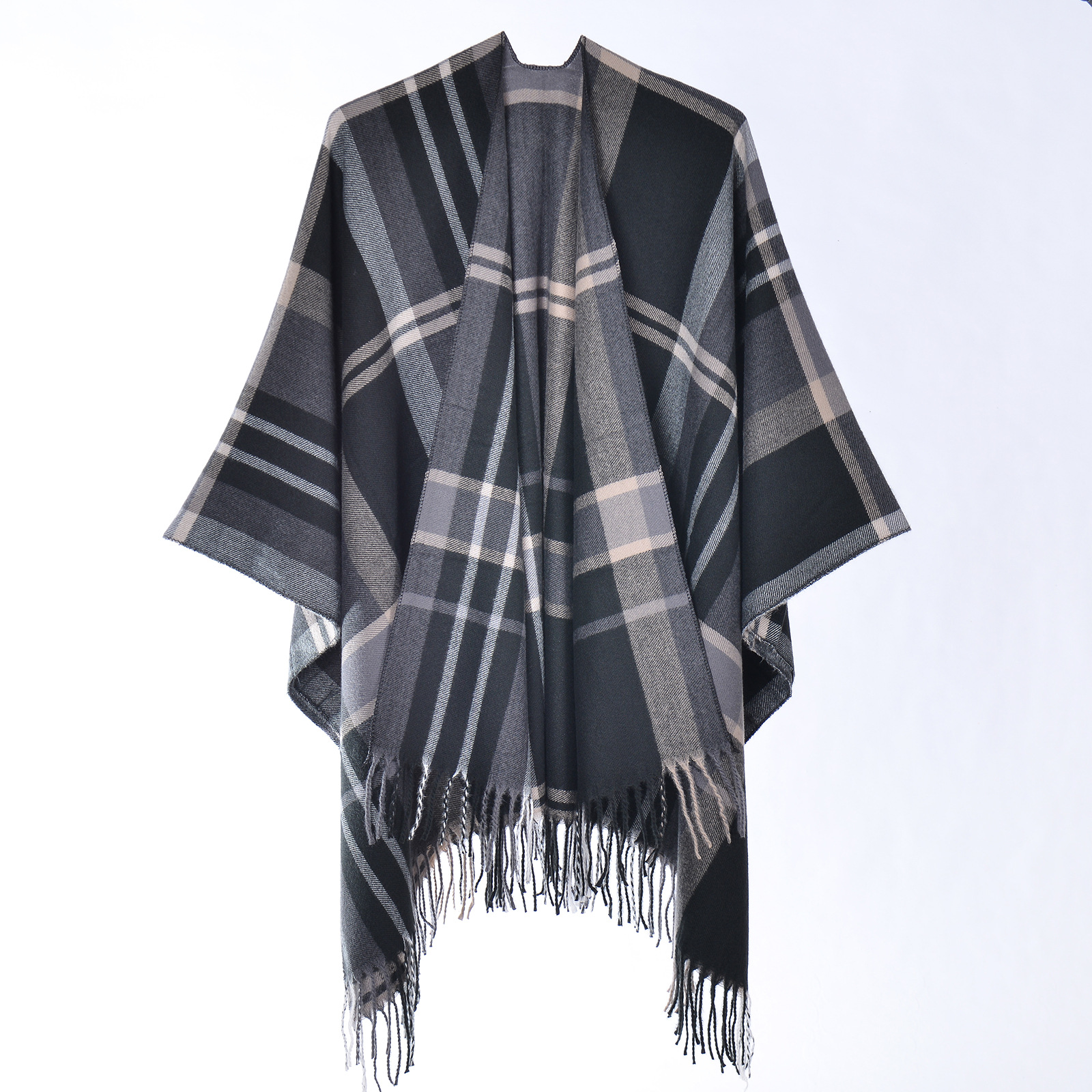 Commercio estero Pronto per la spedizione Scozzese Plaid Fringed Donna, Classico Versatile Grande Sciarpa Spaccata Cappa Per Autunno E_voghion.com