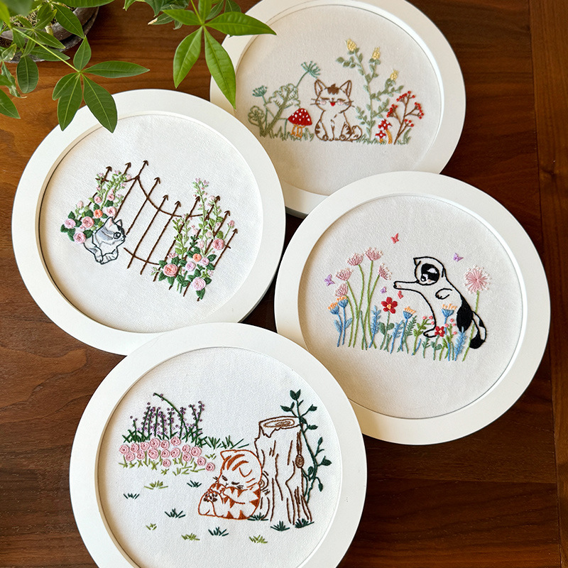 Lu bordado dibujos animados gatito animal pintura colgante bordado a mano paquete de material de bricolaje flores y césped decoración de tela pintura pequeña