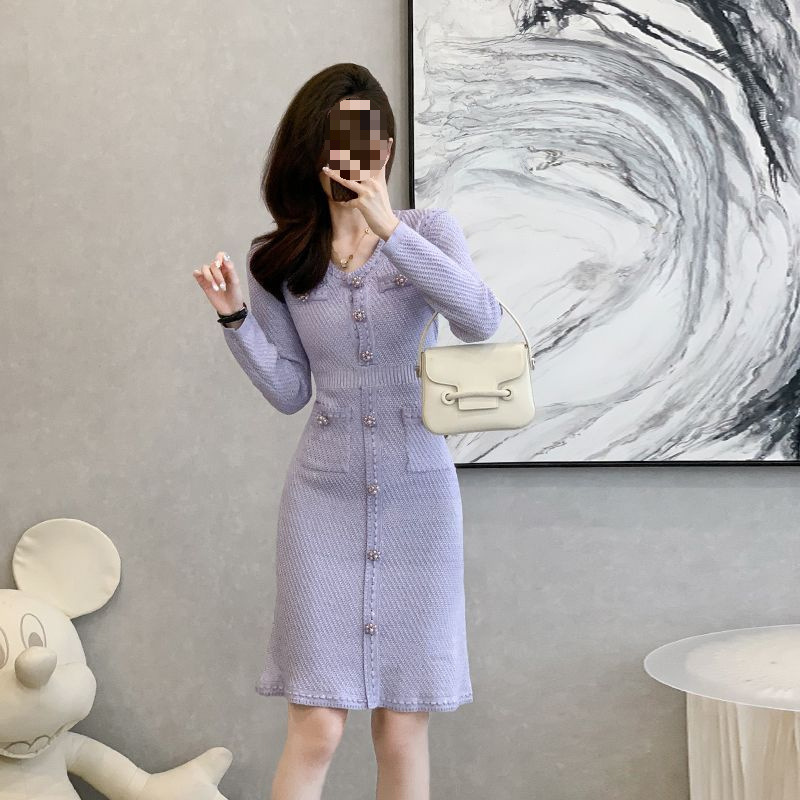 法式小香风针织连衣裙女秋冬2025新款气质名媛修身内搭毛衣包臀裙