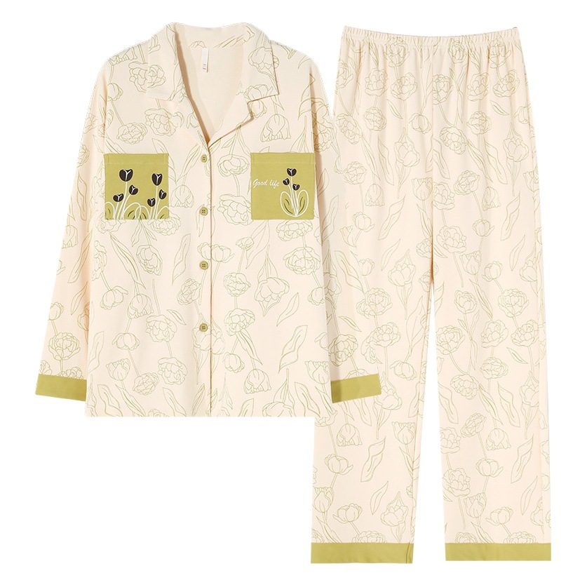 [Algodón puro] 40 pijamas de doble cara para mujer, primavera, otoño e invierno, nuevo estilo de manga larga con almohadilla para el pecho, traje de servicio a domicilio que se puede usar afuera