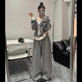 黑白条纹开衫卫衣套装女春秋季新款休闲外套长袖洋气阔腿裤两件套