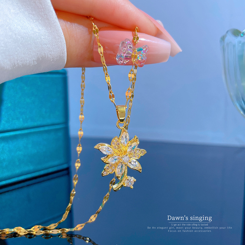 Simple Style Flower Titanium Steel Copper Inlay Zircon Pendant Necklace display picture 4