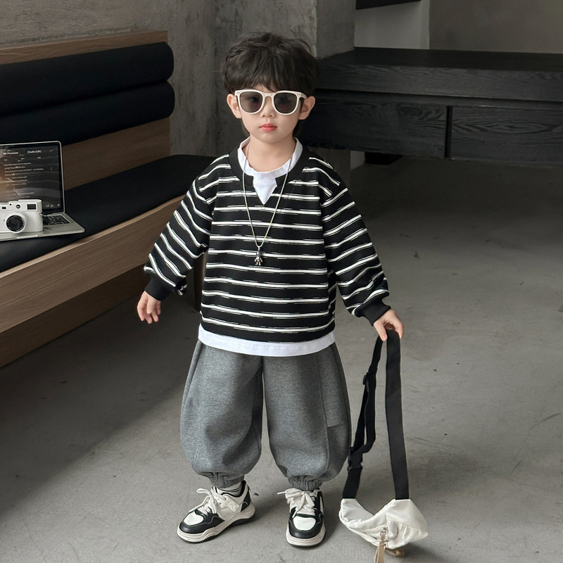 男童秋装套装2025新款痞帅炸街儿童条纹卫衣男小童假两件宝宝衣服|undefined