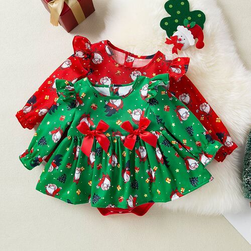 Ins style double bow clothes baby dress cute long flying sleeves farts dress festive climbing clothes