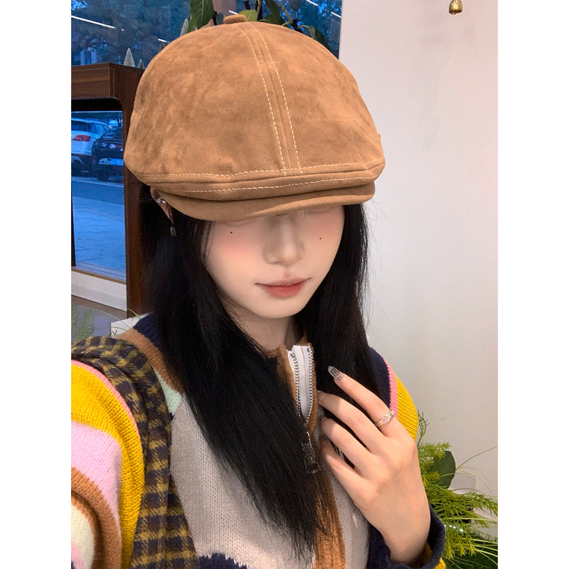 美式复古前进帽女秋冬季棕色贝雷帽旅游画家帽子时尚百搭报童帽|undefined