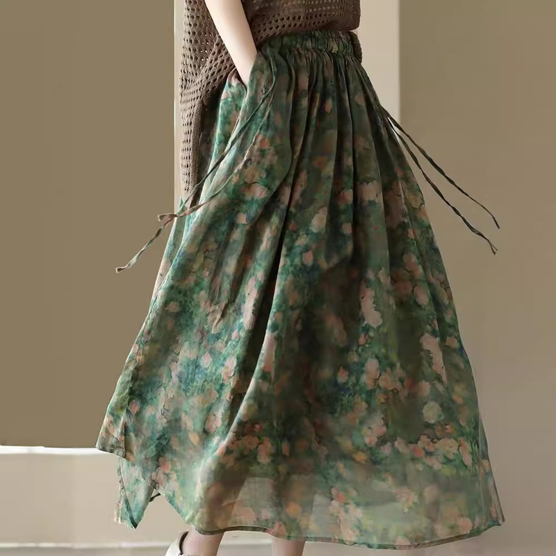 2023 Summer New Style Heavy Industry Printed Skirt Elegant Cotton and Linen Skirt Women's Vintage Floral Large Swing Skirt 2023 Summer New Style Heavy Industry Printed Skirt Elegant Cotton and Linen Skirt Women's Vintage Floral Large Swing Skirt
