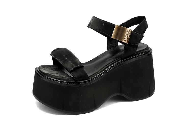 Sandal cao gót nữ phong cách Pháp cổ điển đế xuồng tăng chiều cao hở mũi khóa kim loại — màu nâu, màu đen, màu trắng ngà chi tiết 20