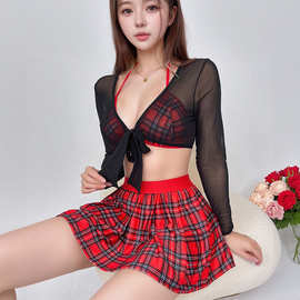 性感内衣女清纯挂脖三点式绑带文胸格子百褶超短裙性感套装新6175
