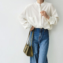 新款通勤立领宽松双口袋真丝衬衫女 砂洗双绉桑蚕丝套头长袖衬衣