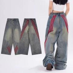 三条杠宽松阔腿牛仔裤男女潮牌朋克做旧洗水织带拼接条纹直筒长裤