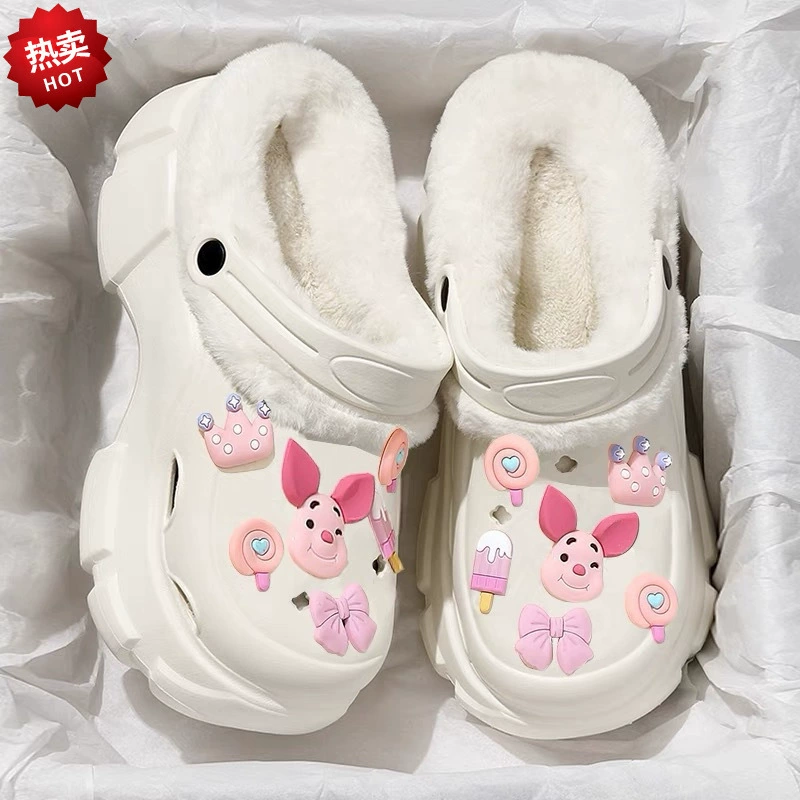 Плюшевая пещерная обувь женская зимняя 2023 новая подкладка съемная толстая подошва для увеличения офисных хлопчатобумажных тапочек зимой