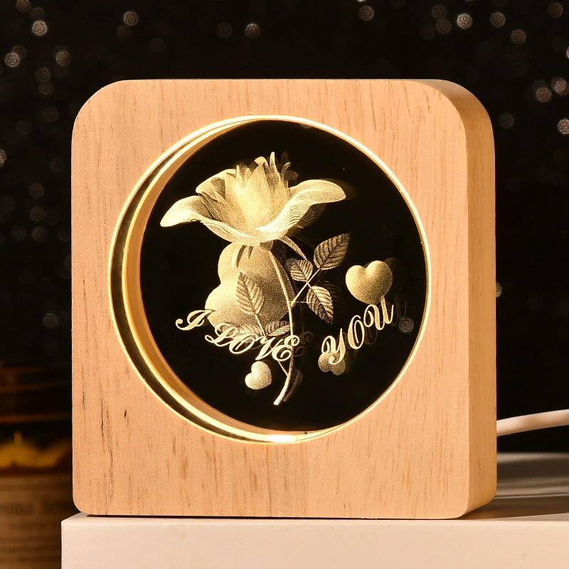 [跨境星球小夜灯3D图案内雕发光水晶桌面摆件木质底座景观节日礼物]