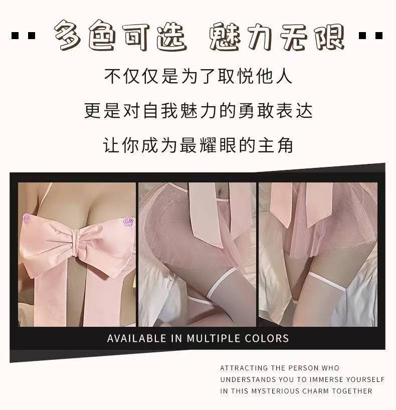 Pink Bow Three-Piece Lingerie Set with Mesh Overlay, Collar Bell and White Tights — detail image 3