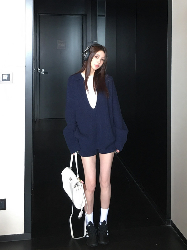 Skk Store 自在起居 松弛感羊毛大V领坑条针织衫短裤休闲套装女秋|undefined
