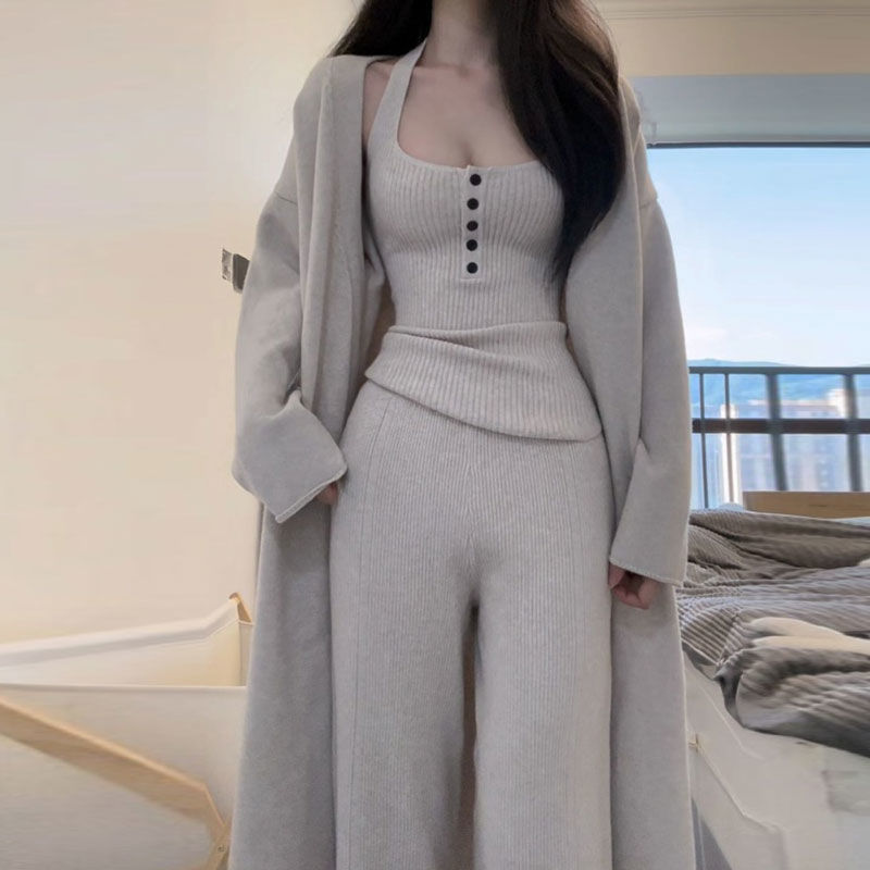 一整套秋冬穿搭慵懒风针织毛衣外套长裤三件套装时尚洋气韩系chic|undefined