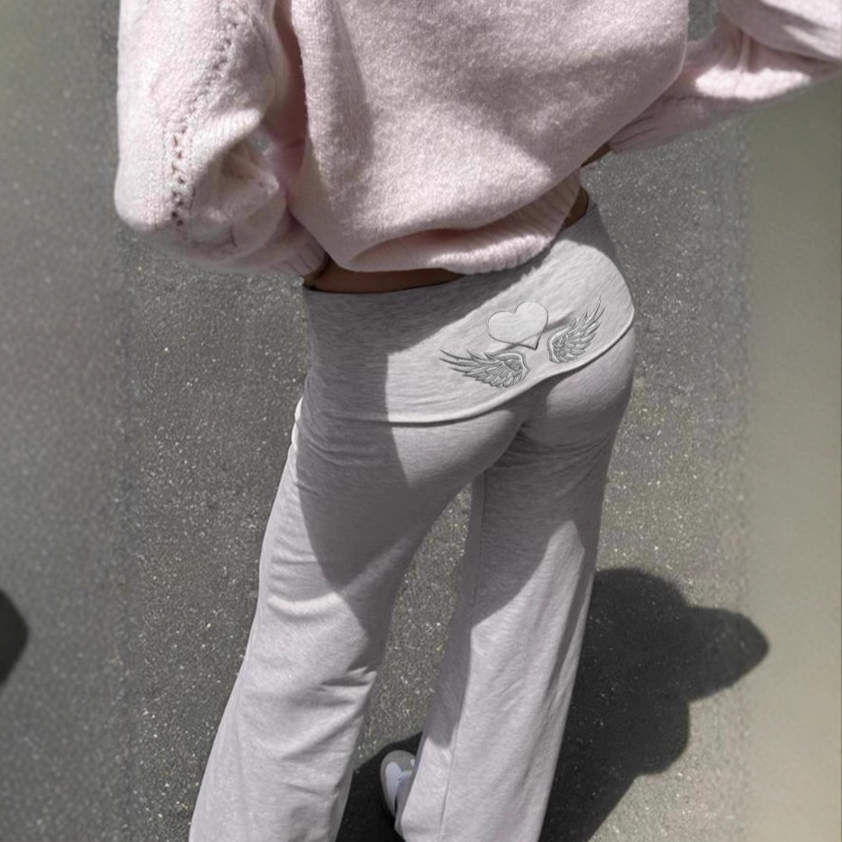 Cross-Border Amazon Foreign Trade 2026 Spring Mid-Waist Hip-Lifting Sweatpants with Mandarin Duck Embroidery, Flared Long Pants, Lazy Style