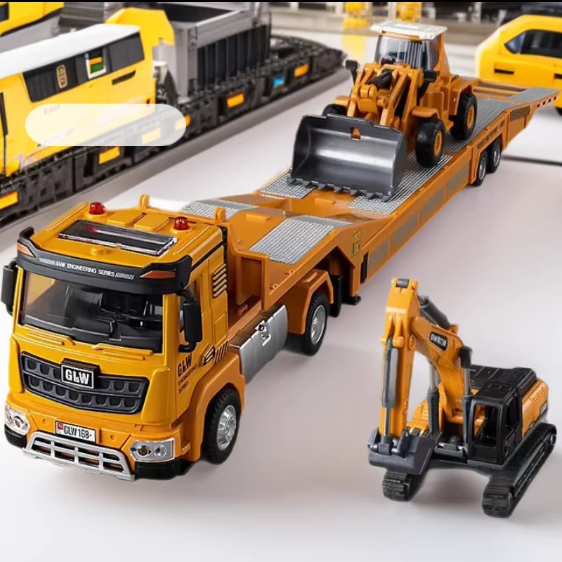 Alloy City Flatbed Trailer Large Engineering Transport Vehicle Set Excavator Forklift Model Mixer Truck Crane