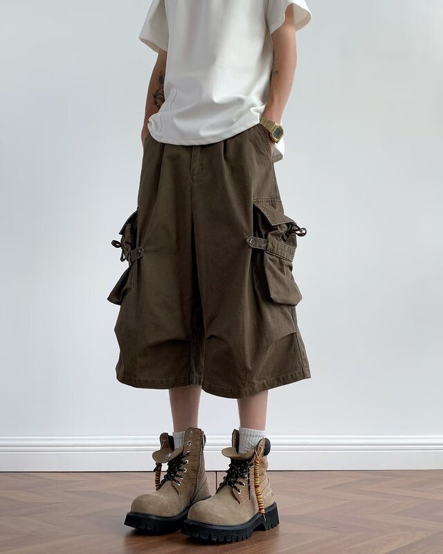 Japanese Retro Multi-Pocket Workwear Casual Shorts for Men and Women, Summer Washed Loose Straight-Leg Knee-Length Shorts, Brown