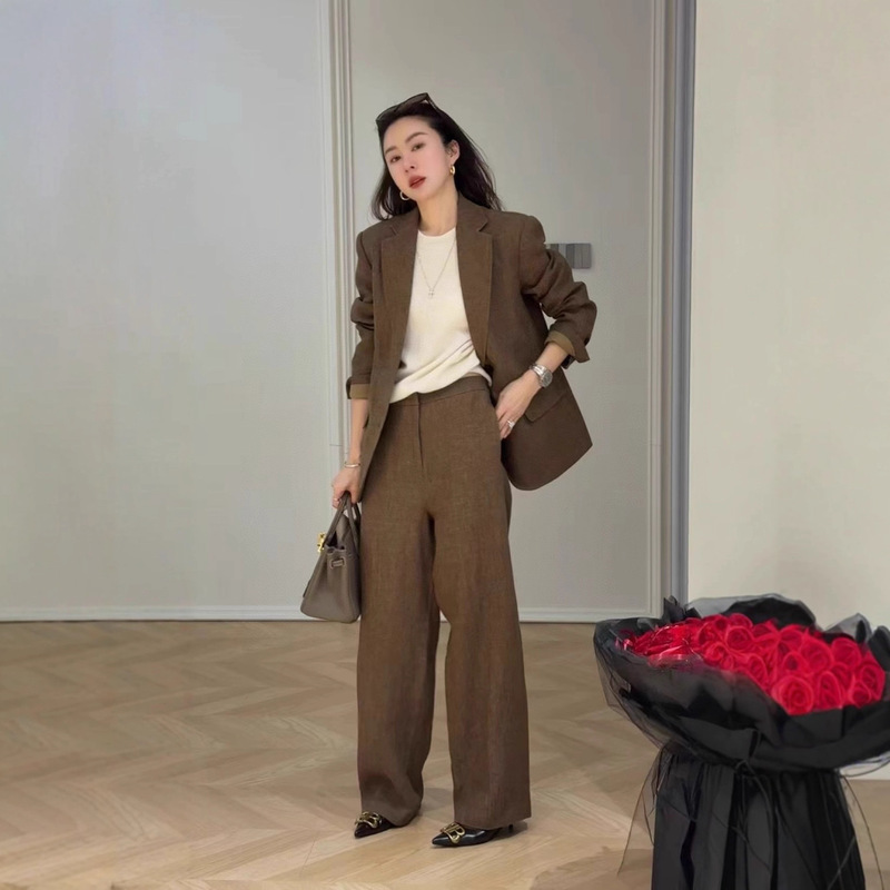早秋纯亚麻西服套装女高端精品莱赛尔材质老钱风职业休闲范穿搭|undefined
