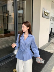 法式条纹翻领长袖衬衫女2025秋季新款设计感小众收腰显瘦气质上衣