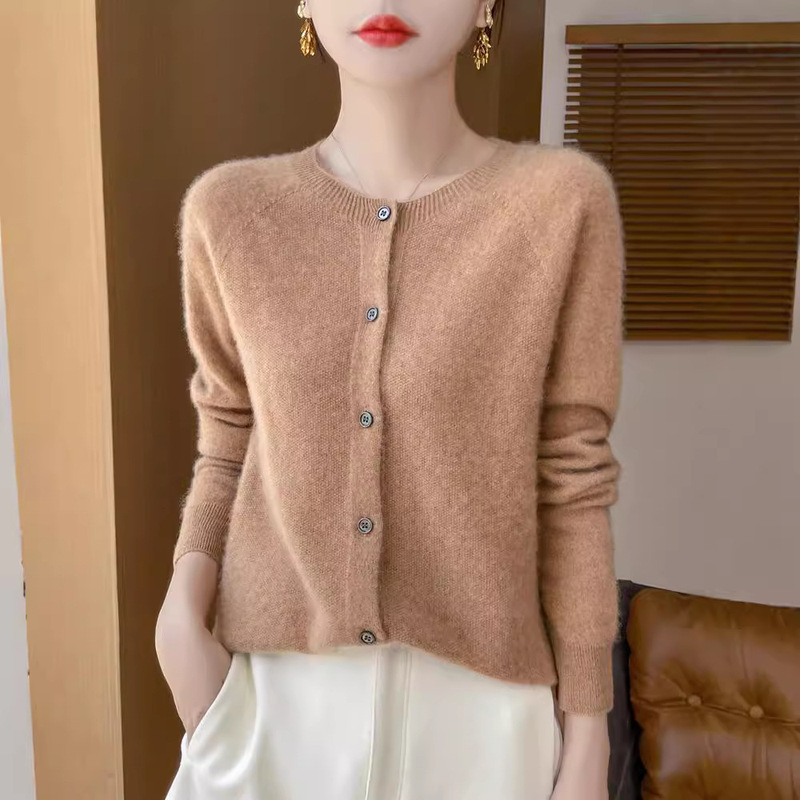 New 100% Wool Sweater for Women, Ready-To-Wear Autumn and Winter Cardigan, Solid Color Casual Wool Knitwear Jacket