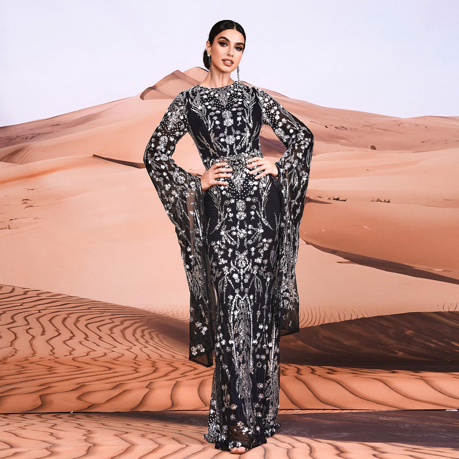 Women's Clothing ultra long sleeve temperament round neck sexy slim long sequined banquet evening dress bridesmaid dress_voghion.com