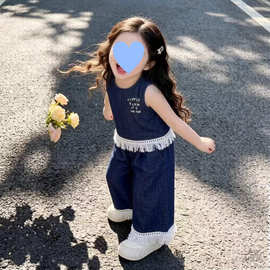 女童夏季无袖流苏套装薄款新款儿童时髦洋气童装阔腿裤两件套