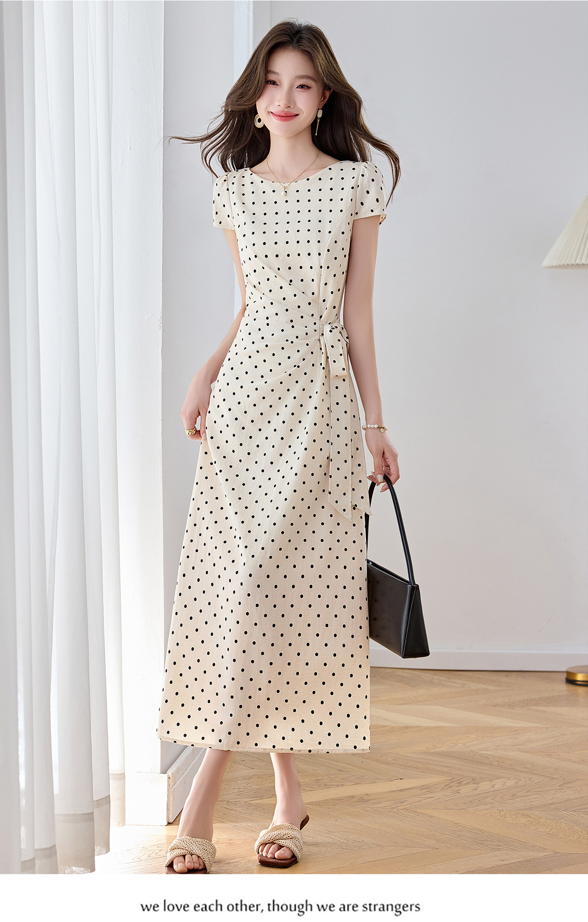 Đầm maxi nữ thắt eo tay ngắn họa tiết chấm bi phong cách nghỉ dưỡng — màu đen, màu trắng chi tiết 9